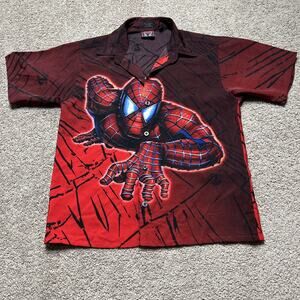 RARE Vintage 2002 SPIDER-MAN - All Over Print Button Up Casual Shirt Red S 8-10